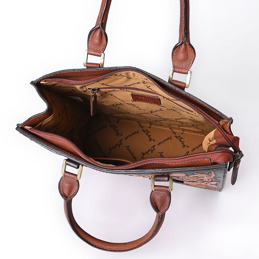 American Darling Hand Tooled Floral Carved Vegetable-Tanned Full Grain Genuine Leather Tote Bag with YKK Zipper
