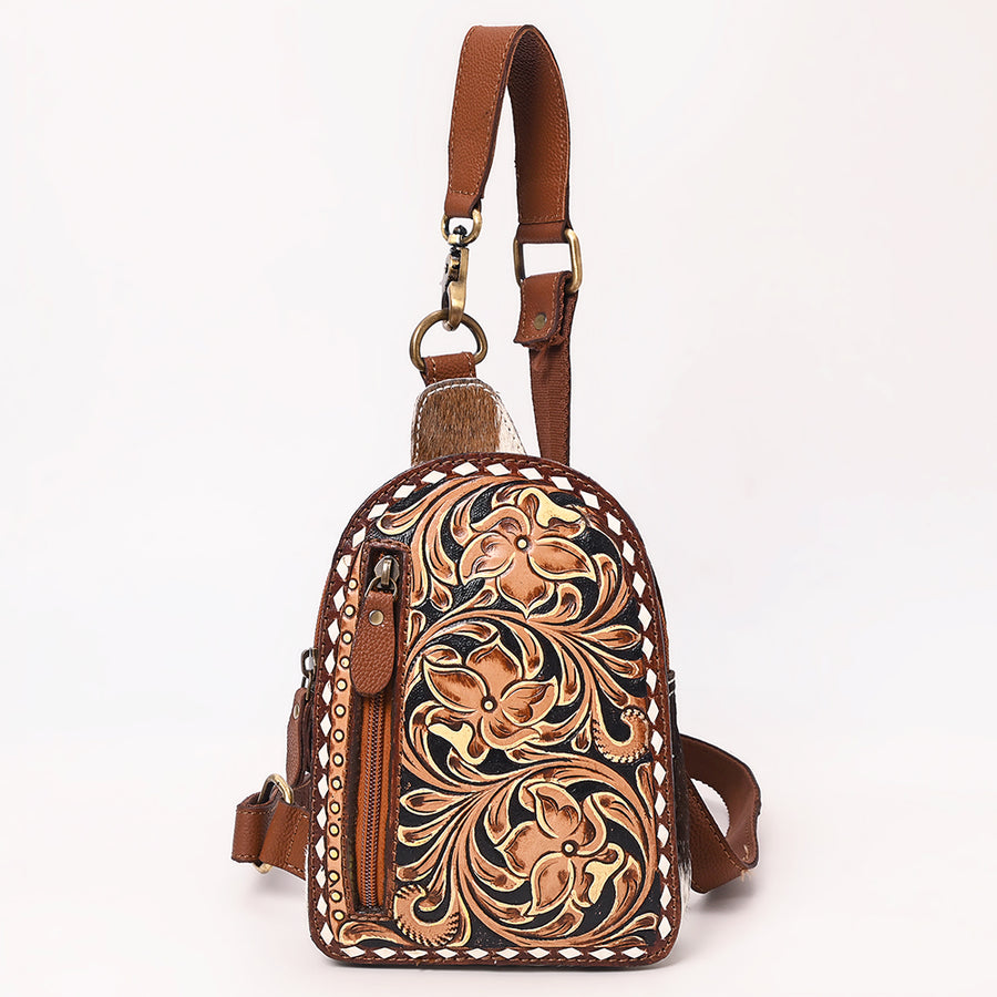 American Darling Hand Tooled Floral Carved Vegetable-Tanned Genuine Leather Sling Bag with Hair-On Cowhide & YKK Zipper