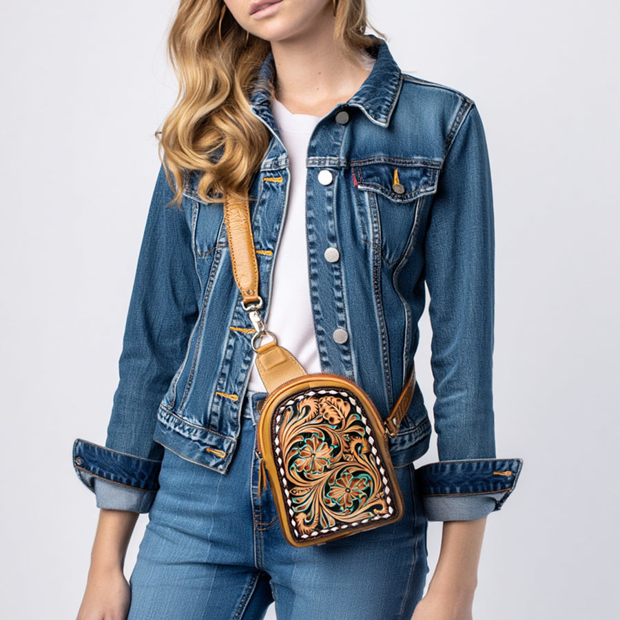 American Darling Hand Tooled Floral Carved Vegetable-Tanned Genuine Leather Sling Bag with Hair-On Cowhide & YKK Zipper