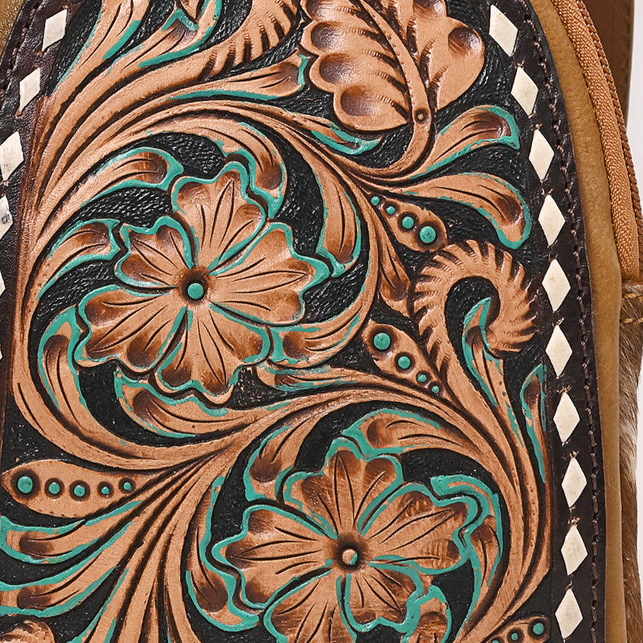 American Darling Hand Tooled Floral Carved Vegetable-Tanned Genuine Leather Sling Bag with Hair-On Cowhide & YKK Zipper