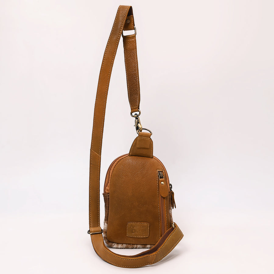 American Darling Hand Tooled Floral Carved Vegetable-Tanned Genuine Leather Sling Bag with Hair-On Cowhide & YKK Zipper
