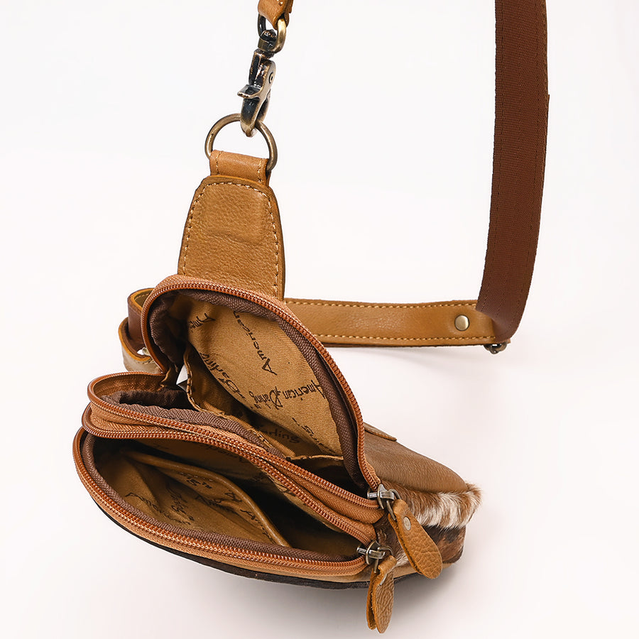 American Darling Hand Tooled Floral Carved Vegetable-Tanned Genuine Leather Sling Bag with Hair-On Cowhide & YKK Zipper
