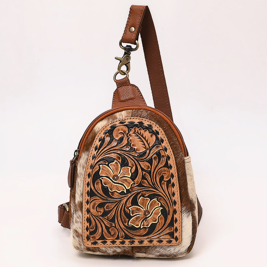 American Darling Hand Tooled Floral Carved Vegetable-Tanned Genuine Leather Sling Bag with Hair-On Cowhide & YKK Zipper