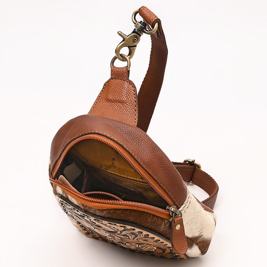 American Darling Hand Tooled Floral Carved Vegetable-Tanned Genuine Leather Sling Bag with Hair-On Cowhide & YKK Zipper