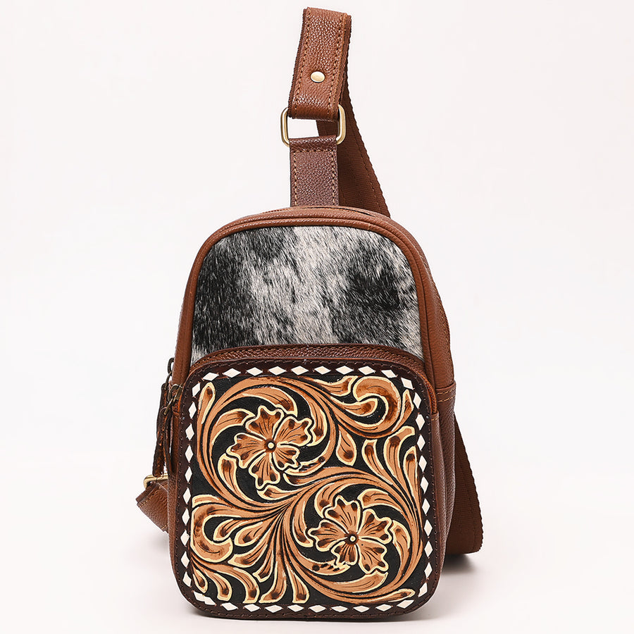 American Darling Hand Tooled Floral Carved Vegetable-Tanned Genuine Leather Sling Bag with Hair-On Cowhide & YKK Zipper