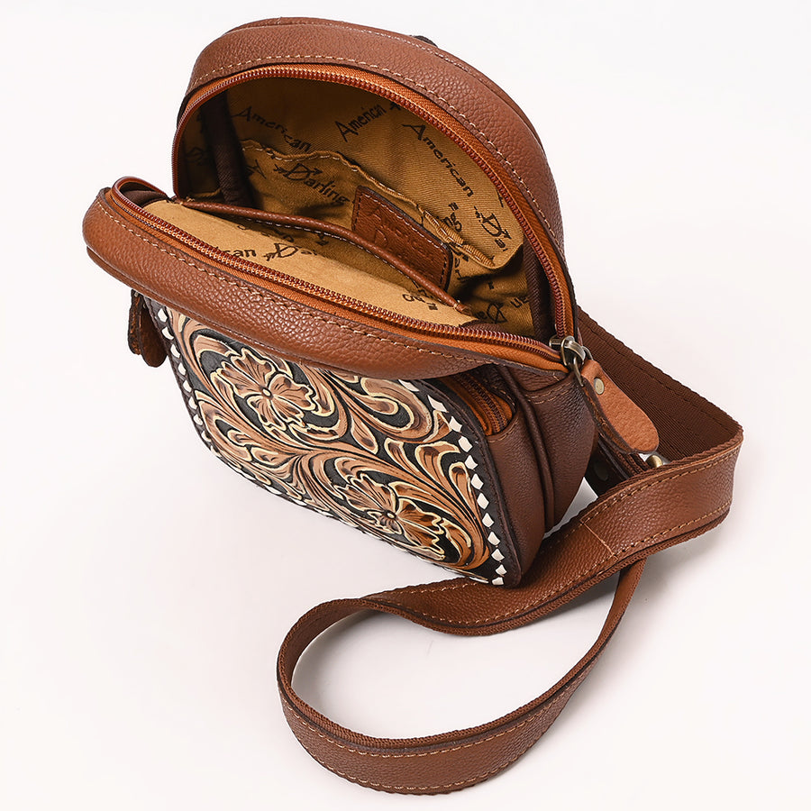 American Darling Hand Tooled Floral Carved Vegetable-Tanned Genuine Leather Sling Bag with Hair-On Cowhide & YKK Zipper