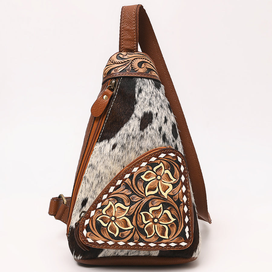 American Darling Hand Tooled Floral Carved Vegetable-Tanned Genuine Leather Sling Bag with Hair-On Cowhide & YKK Zipper