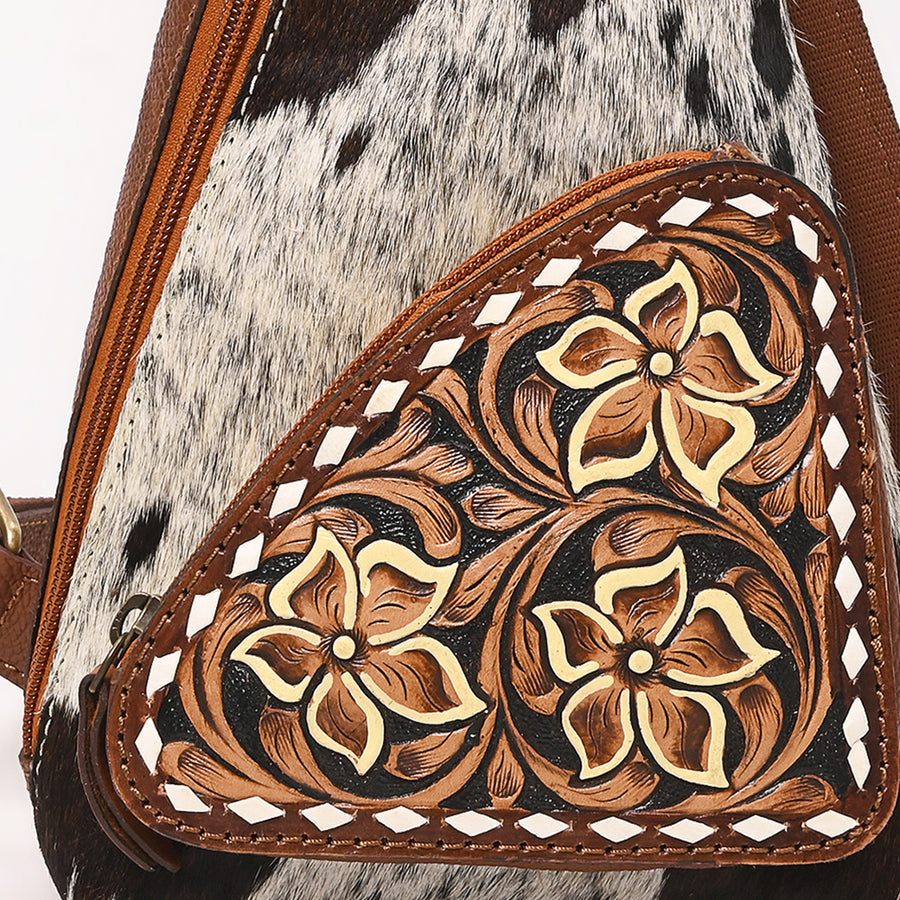 American Darling Hand Tooled Floral Carved Vegetable-Tanned Genuine Leather Sling Bag with Hair-On Cowhide & YKK Zipper