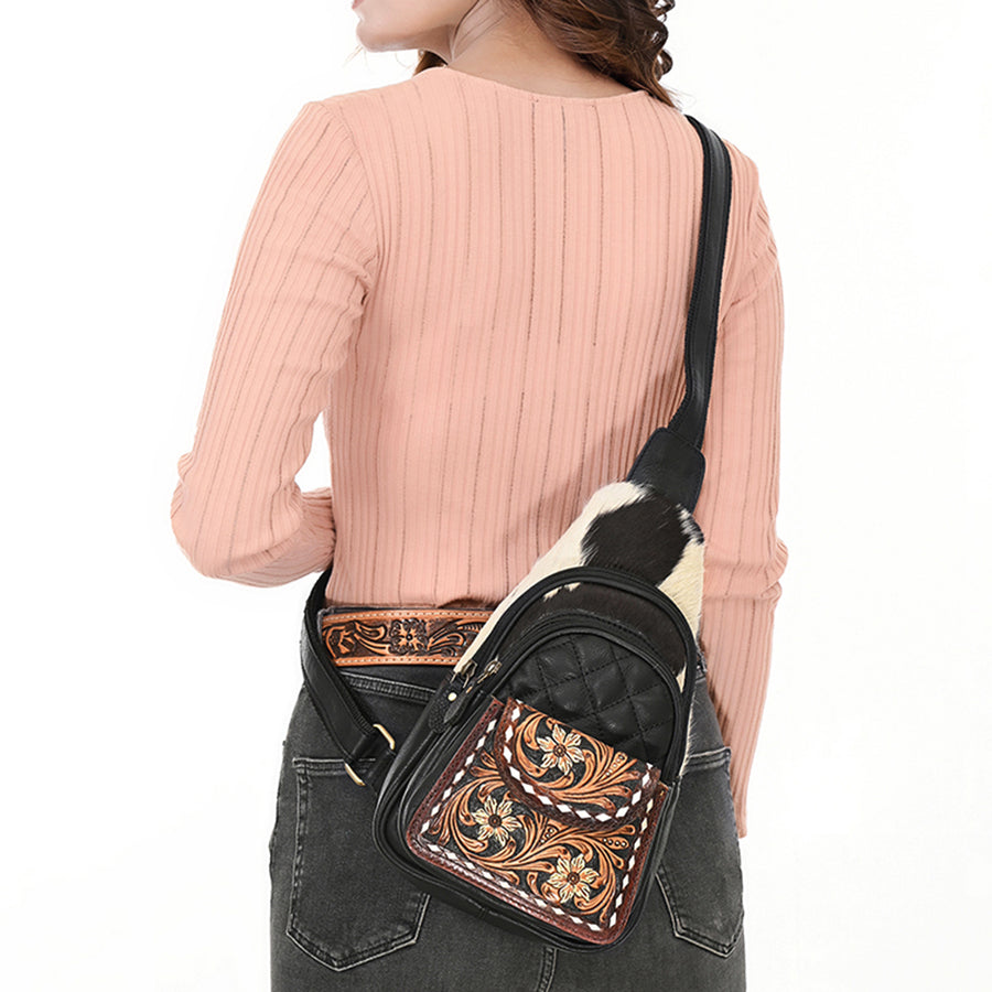 American Darling Hand-Tooled Floral Quilted Hair-On Cowhide Sling Bag Genuine Vegetable-Tanned Leather Crossbody
