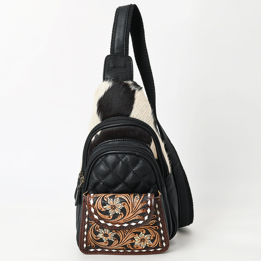 American Darling Hand-Tooled Floral Quilted Hair-On Cowhide Sling Bag Genuine Vegetable-Tanned Leather Crossbody