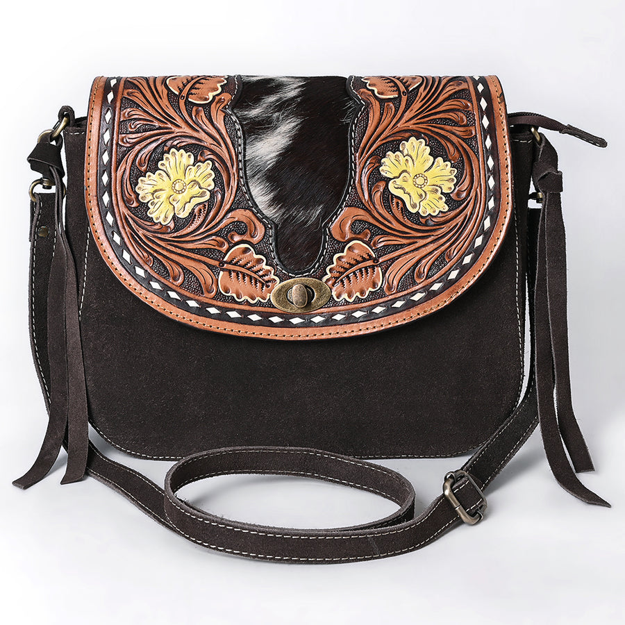 American Darling Hand Tooled Floral Carved Hair-On Cowhide Cross body Bag Genuine Vegetable-Tanned Leather Fringed Purse