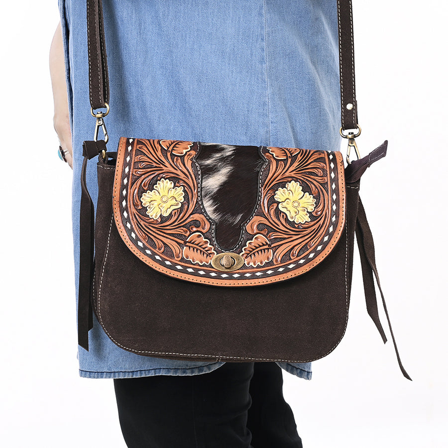 American Darling Hand Tooled Floral Carved Hair-On Cowhide Cross body Bag Genuine Vegetable-Tanned Leather Fringed Purse