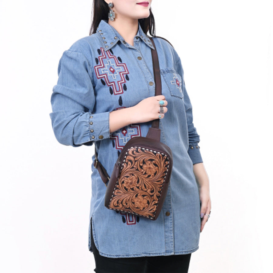 American Darling Hand Tooled Floral Carved Sling Bag Genuine Vegetable-Tanned Full Grain Leather Western Crossbody