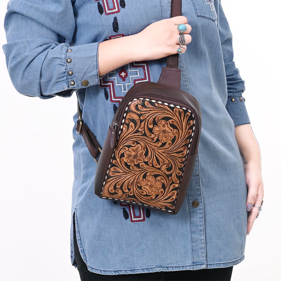 American Darling Hand Tooled Floral Carved Sling Bag Genuine Vegetable-Tanned Full Grain Leather Western Crossbody