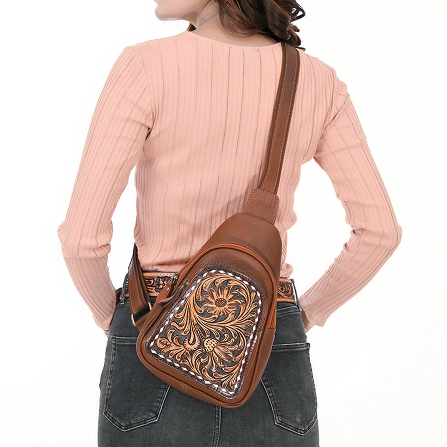 American Darling Hand Tooled Floral Carved Sling Bag Genuine Vegetable-Tanned Full Grain Leather Western Crossbody
