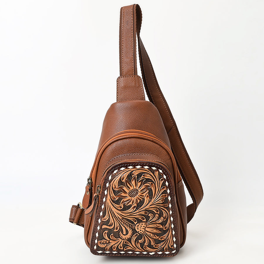 American Darling Hand Tooled Floral Carved Sling Bag Genuine Vegetable-Tanned Full Grain Leather Western Crossbody