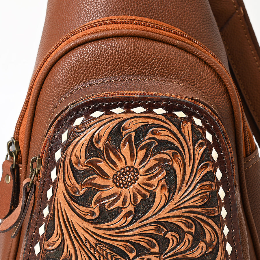 American Darling Hand Tooled Floral Carved Sling Bag Genuine Vegetable-Tanned Full Grain Leather Western Crossbody