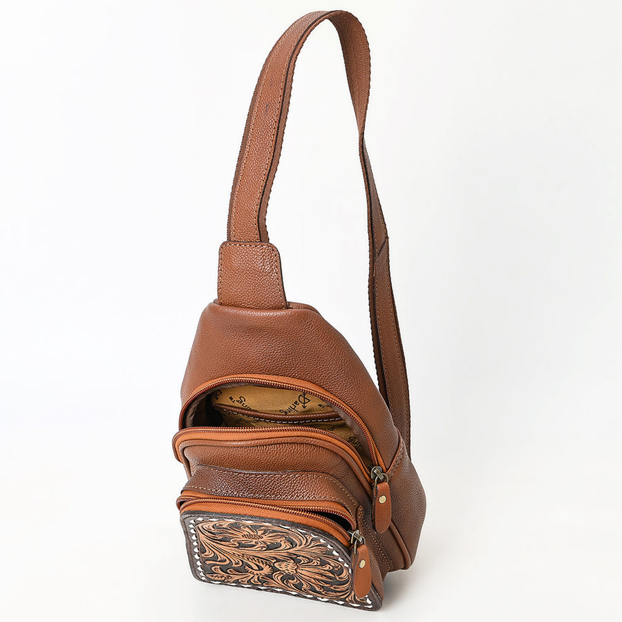American Darling Hand Tooled Floral Carved Sling Bag Genuine Vegetable-Tanned Full Grain Leather Western Crossbody