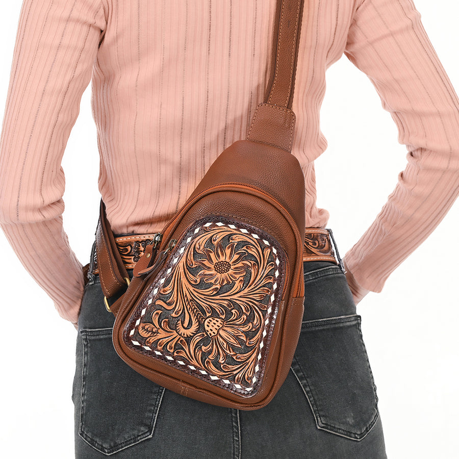 American Darling Hand Tooled Floral Carved Sling Bag Genuine Vegetable-Tanned Full Grain Leather Western Crossbody
