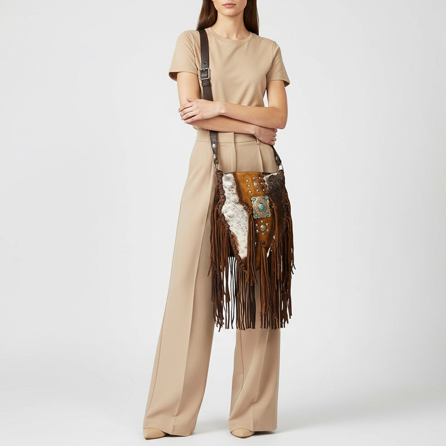 American Darling Messenger Bag Western Hair-On Cowhide Genuine Leather Handcrafted Crossbody Purse with Fringes and YKK Zipper