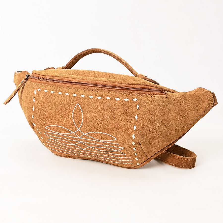 American Darling Western Genuine Suede Leather Fanny Pack with Boot Stitching - Handmade Black Waist Bag - Uhorse