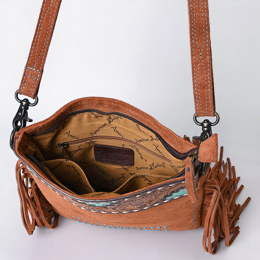 American Darling Western Genuine Suede Large Crossbody Bag with Fringe, Rivet & Boot Stitch Details – Genuine Leather, Handcrafted Design