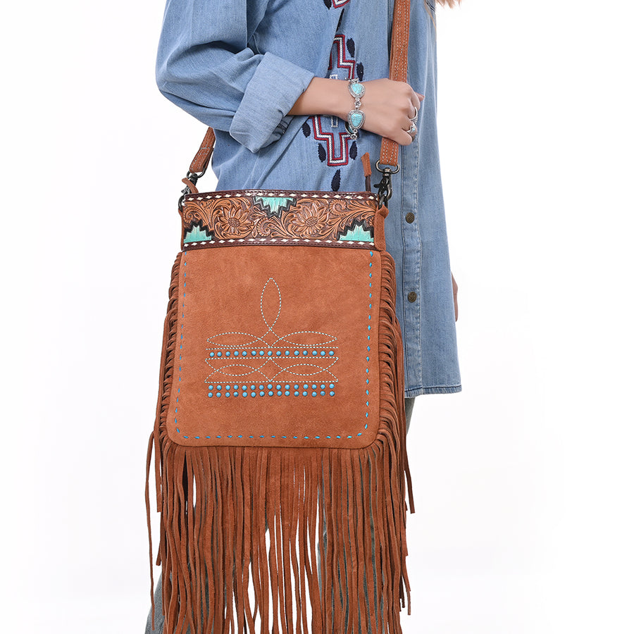 American Darling Western Genuine Suede Large Crossbody Bag with Fringe, Rivet & Boot Stitch Details – Genuine Leather, Handcrafted Design