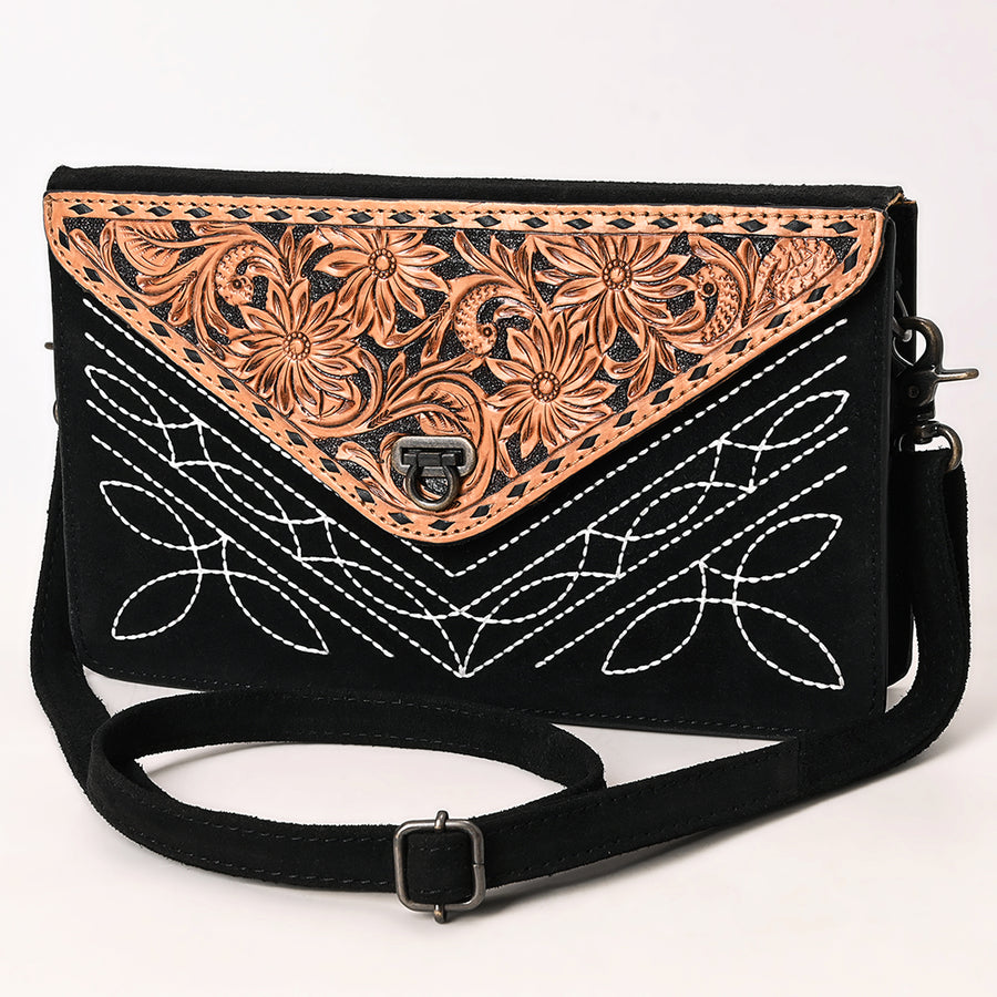 American Darling Black Western Genuine Suede Leather Envelop Bag with Hand-Tooled Detailing - Hilason