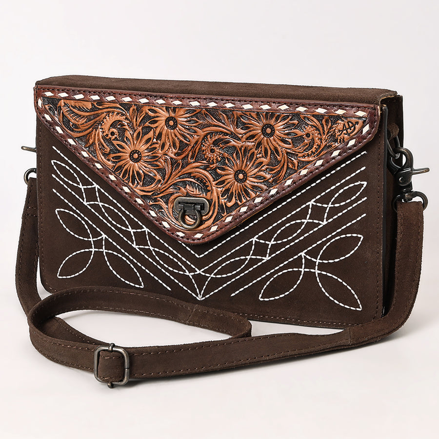 American Darling Western Genuine Suede Leather Envelop Bag with Hand-Tooled Detailing - Hilason
