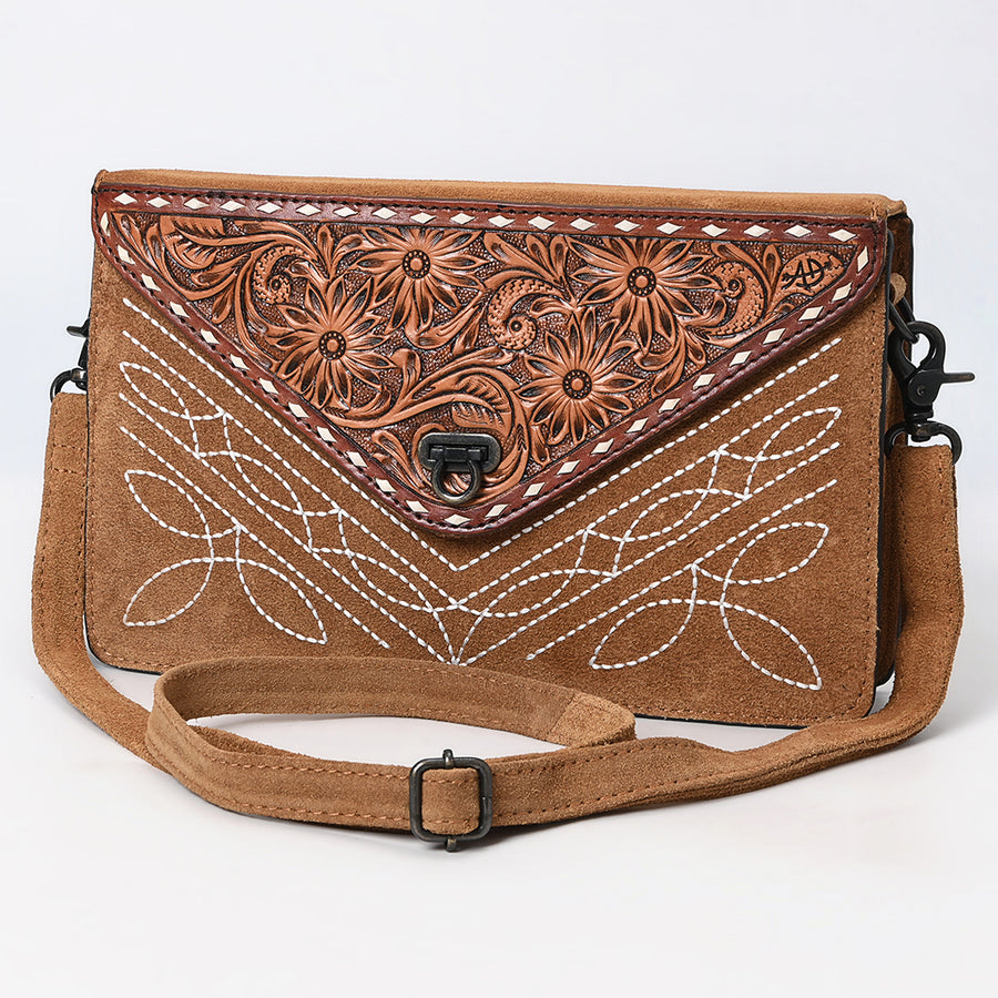 American Darling Western Genuine Suede Leather Envelop Bag with Hand-Tooled Detailing - Hilason