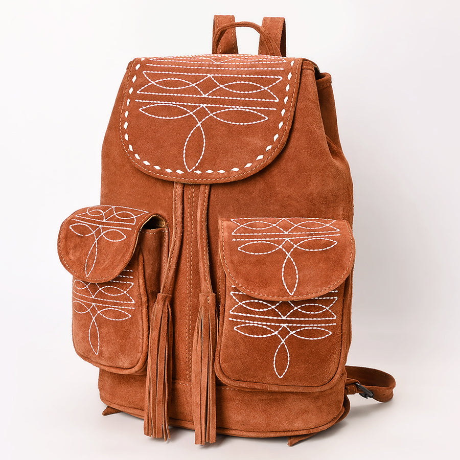 American Darling Western Genuine Suede Leather Backpack Bag with Craftsmanship and Boot-Stitched Accents - Hilason