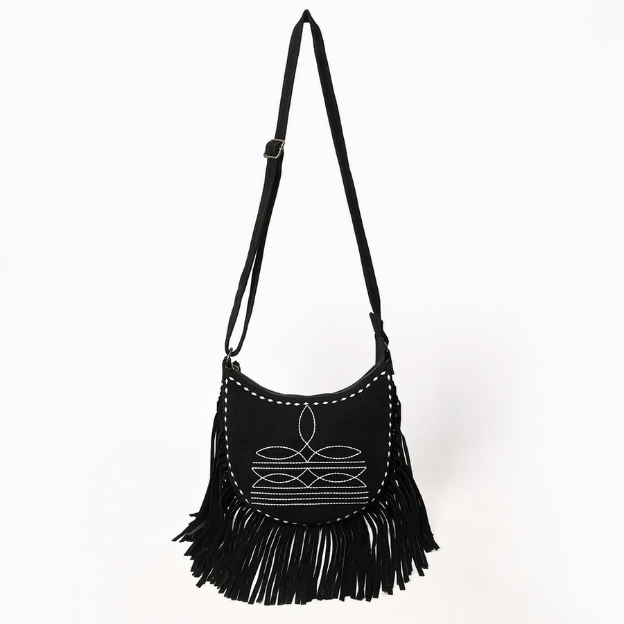 American Darling Black Genuine Suede Crossbody Bag – Western Boot Stitch Design, Fringe Detailing, Genuine Leather, Lightweight Everyday Carry
