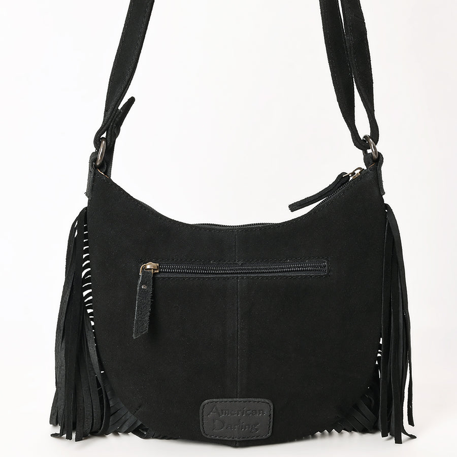 American Darling Black Genuine Suede Crossbody Bag – Western Boot Stitch Design, Fringe Detailing, Genuine Leather, Lightweight Everyday Carry