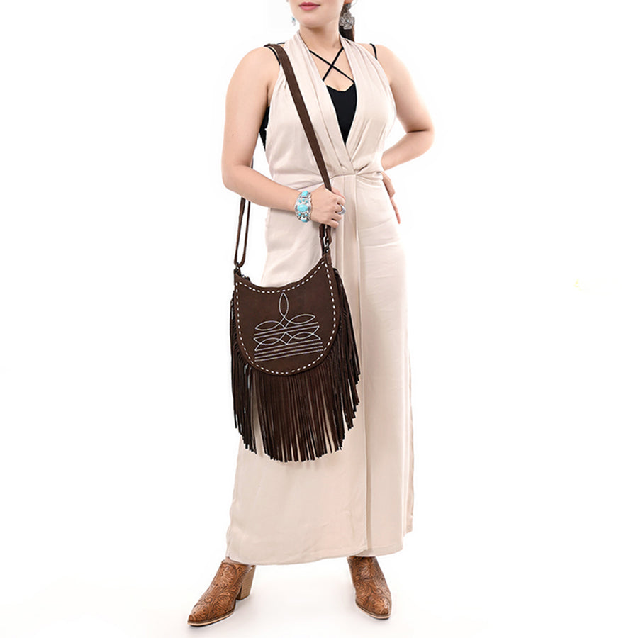 American Darling Black Genuine Suede Crossbody Bag – Western Boot Stitch Design, Fringe Detailing, Genuine Leather, Lightweight Everyday Carry