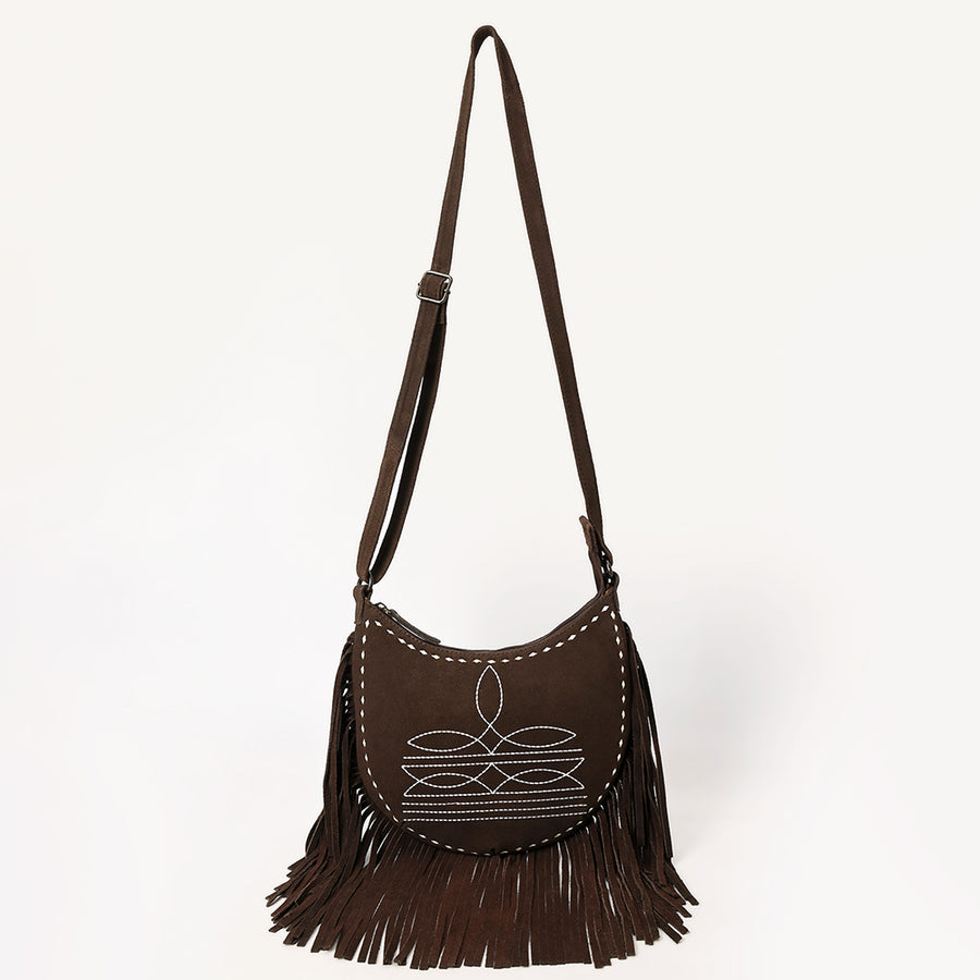 American Darling Black Genuine Suede Crossbody Bag – Western Boot Stitch Design, Fringe Detailing, Genuine Leather, Lightweight Everyday Carry