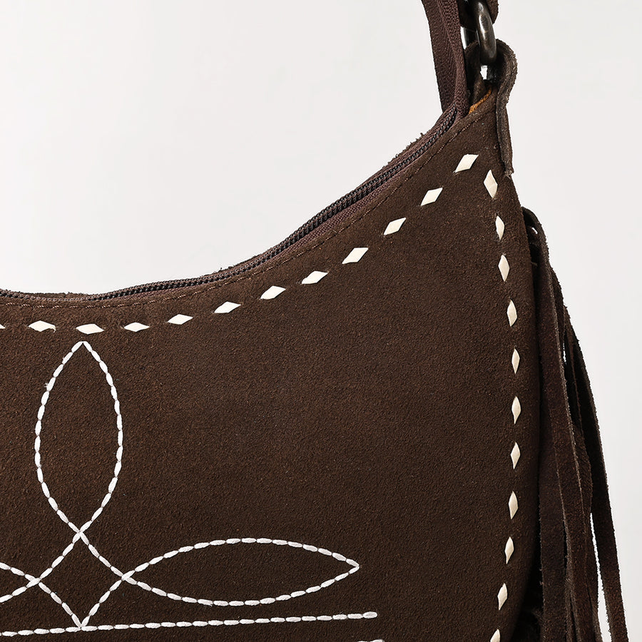 American Darling Black Genuine Suede Crossbody Bag – Western Boot Stitch Design, Fringe Detailing, Genuine Leather, Lightweight Everyday Carry