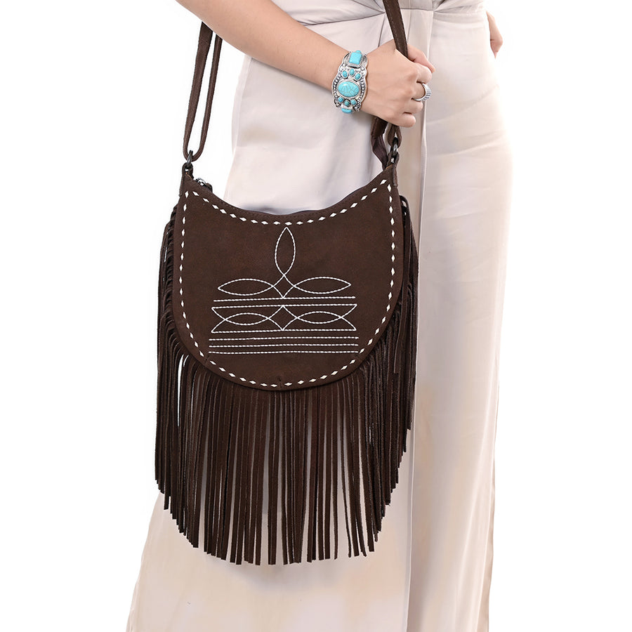 American Darling Black Genuine Suede Crossbody Bag – Western Boot Stitch Design, Fringe Detailing, Genuine Leather, Lightweight Everyday Carry