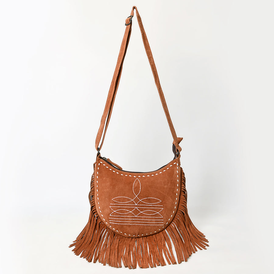 American Darling Black Genuine Suede Crossbody Bag – Western Boot Stitch Design, Fringe Detailing, Genuine Leather, Lightweight Everyday Carry