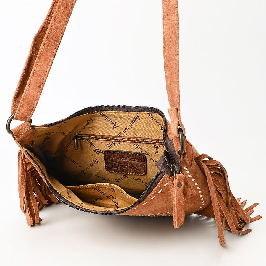American Darling Black Genuine Suede Crossbody Bag – Western Boot Stitch Design, Fringe Detailing, Genuine Leather, Lightweight Everyday Carry