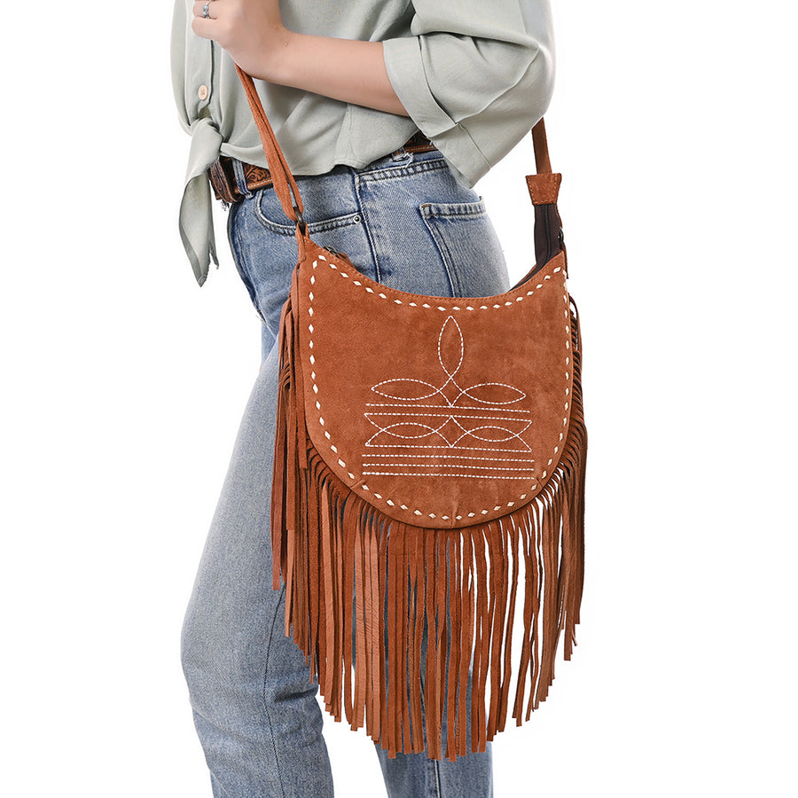 American Darling Black Genuine Suede Crossbody Bag – Western Boot Stitch Design, Fringe Detailing, Genuine Leather, Lightweight Everyday Carry