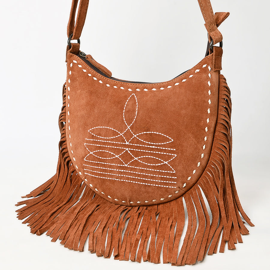 American Darling Black Genuine Suede Western Leather Crossbody Bag with Boot Stitch Detail and Fringe - Hilason