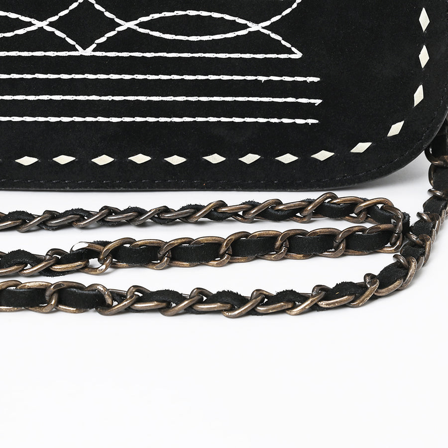 American Darling Black Genuine Suede Western Leather Crossbody Bag with Buck Stitch, Boot-Stitched Pattern, Chain Strap & Full-Grain Interior Lining