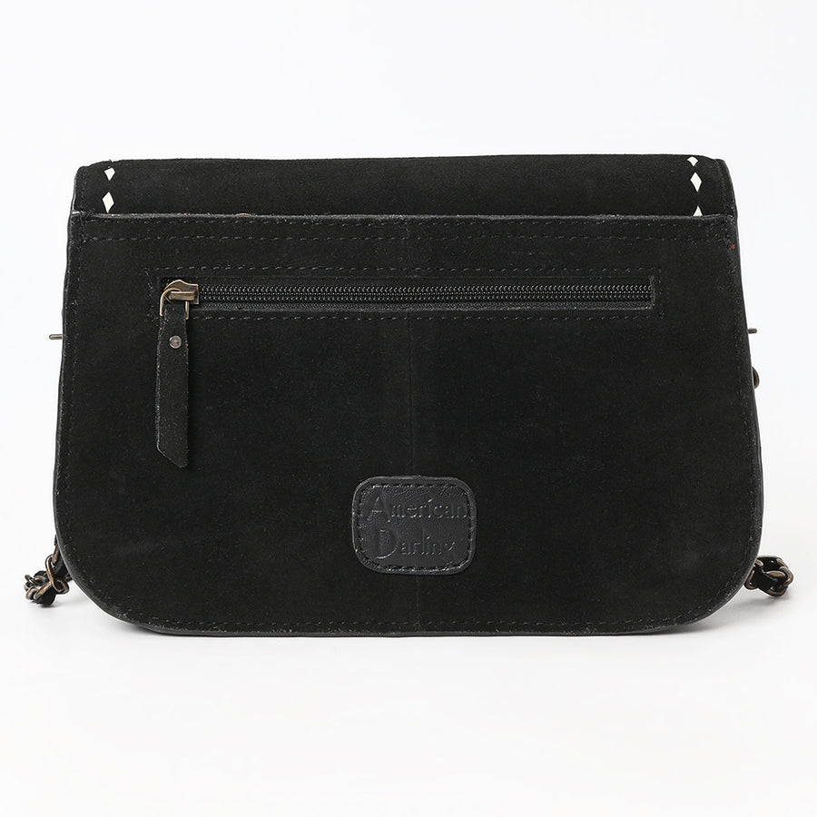 American Darling Black Genuine Suede Western Leather Crossbody Bag with Buck Stitch, Boot-Stitched Pattern, Chain Strap & Full-Grain Interior Lining