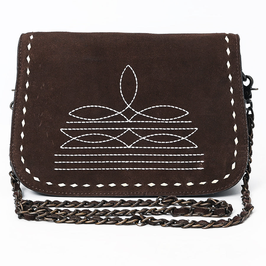 American Darling Black Genuine Suede Western Leather Crossbody Bag with Buck Stitch, Boot-Stitched Pattern, Chain Strap & Full-Grain Interior Lining