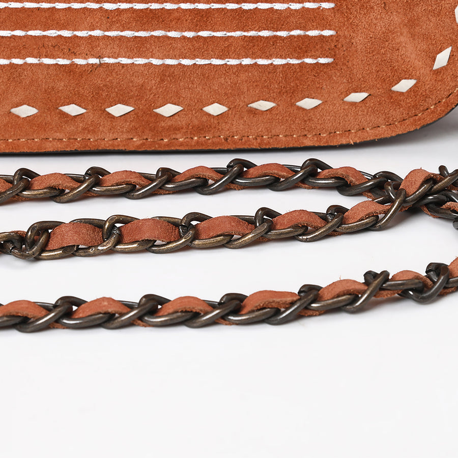 American Darling Black Genuine Suede Western Leather Crossbody Bag with Buck Stitch, Boot-Stitched Pattern, Chain Strap & Full-Grain Interior Lining