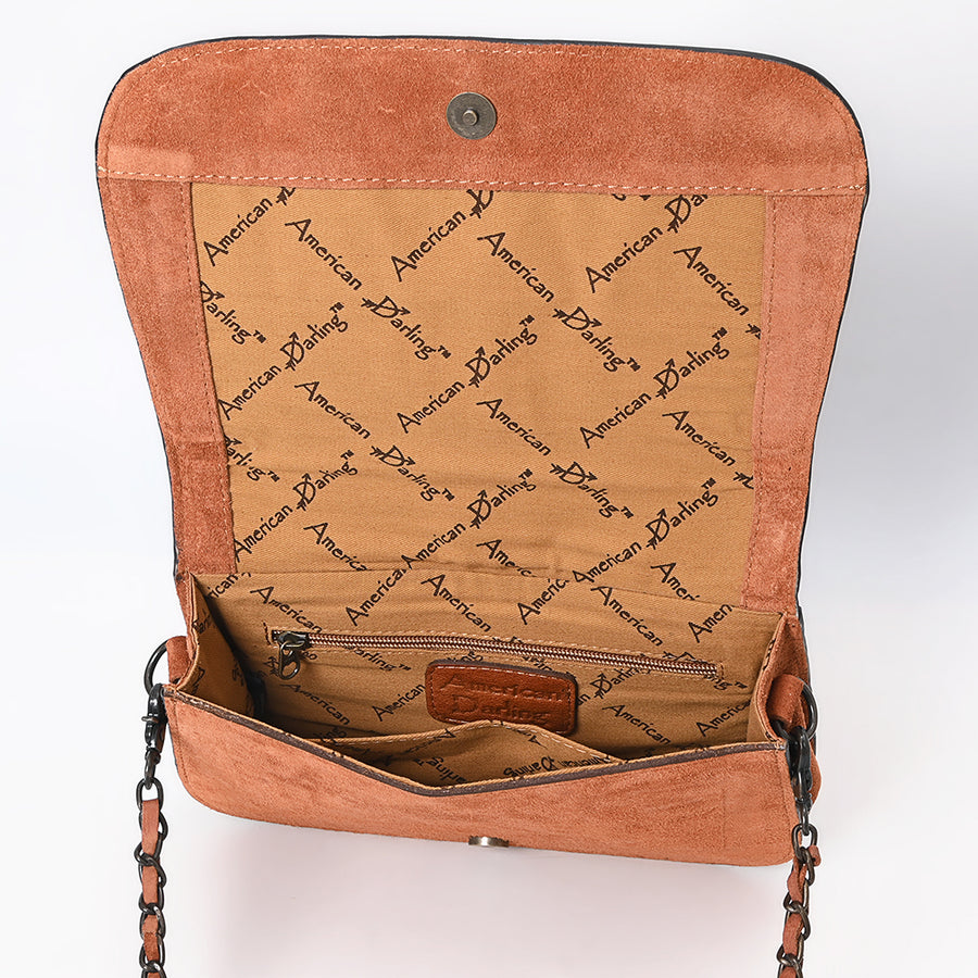American Darling Black Genuine Suede Western Leather Crossbody Bag with Buck Stitch, Boot-Stitched Pattern, Chain Strap & Full-Grain Interior Lining