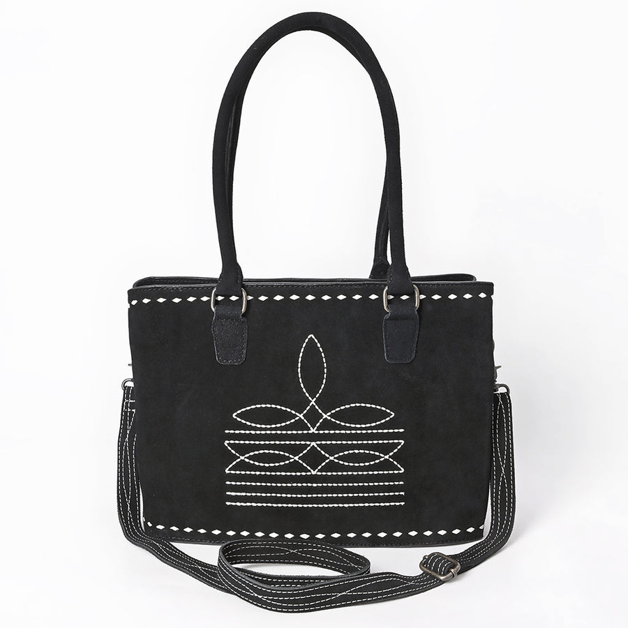 American Darling Western Genuine Suede Leather Tote Bag with Buck Stitch, Boot-Stitched Accents, Genuine Leather Trim & Well-Compartmentalized Interior