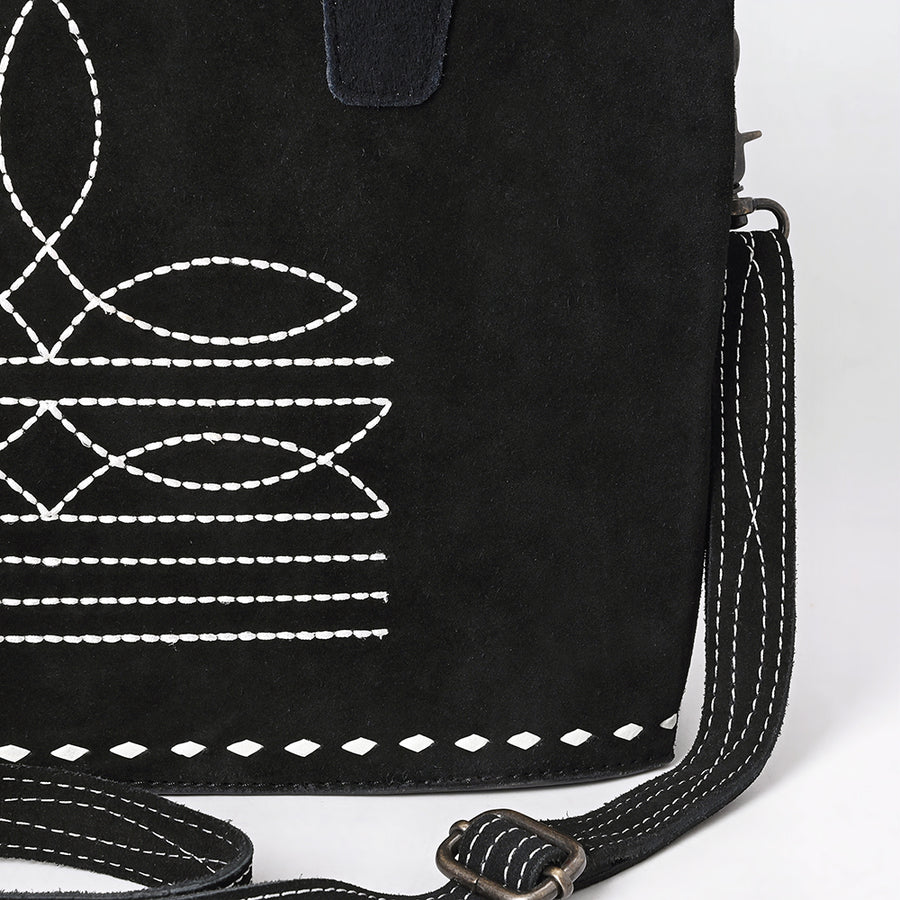 American Darling Western Genuine Suede Leather Tote Bag with Buck Stitch, Boot-Stitched Accents, Genuine Leather Trim & Well-Compartmentalized Interior