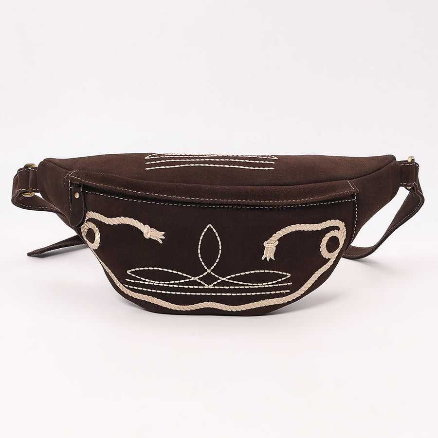 American Darling Genuine Vegetable-Tanned Leather Fanny Pack Crossbody with Western Boot Stitch Embroidery