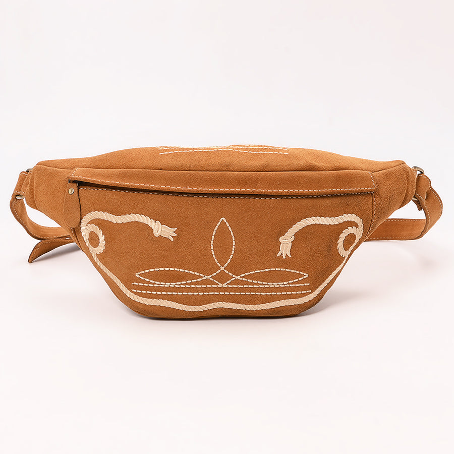 American Darling Genuine Vegetable-Tanned Leather Fanny Pack Crossbody with Western Boot Stitch Embroidery